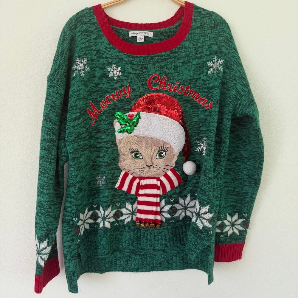 99 Jane Street Meowy Christmas Cat Ugly Sweater Green Red XL Sequin Jingle Bells